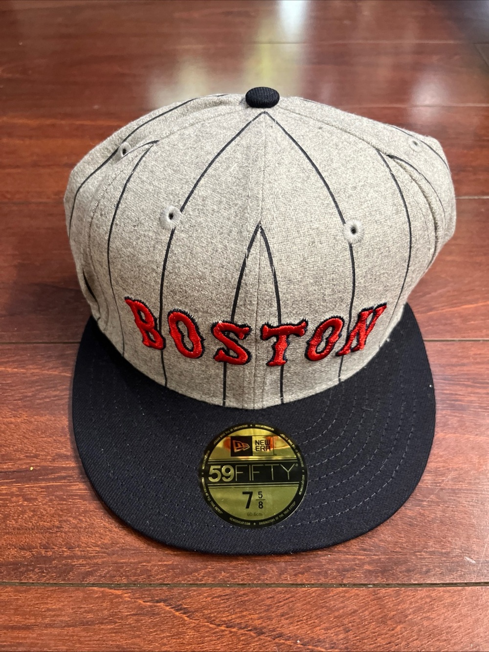 7 5/8 Boston Red Sox Heather Pinstripe New Era 59Fifty Fitted Hat Gray Cap New